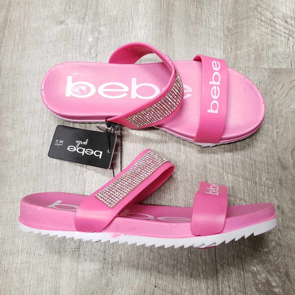 🆕️ BeBe Girls 🎂 🎁 Pink Bling 2 Strap Slides Sandals 💖Size 2/3 Big Girls Shoe - Picture 4 of 16